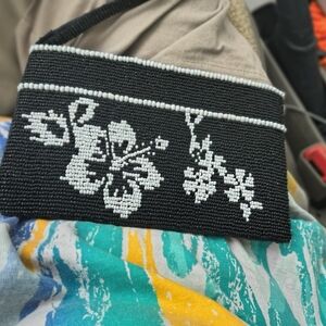 Black and White Beaded Floral Clutch